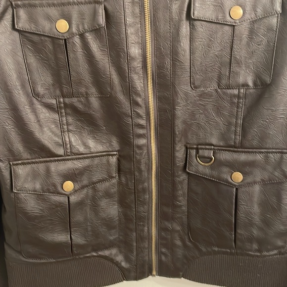 Brown Faux Leather Bomber Jacket - Picture 7 of 9